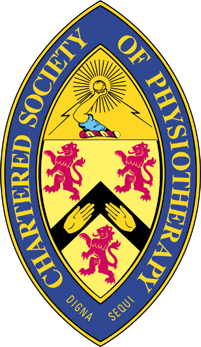 Chartered Society of Physiotherapy badge, traditionally a bronze or enamel lozenge-shaped pin featuring lions, arms, and a motto scroll, often engraved with the displaying the CSP motto 'Digna Sequi'