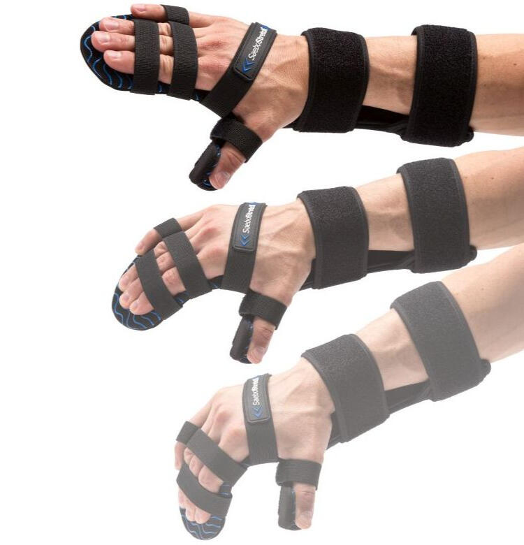 Hand and wrist physio devices featuring black neoprene material with adjustable compression straps and thumb loops for therapeutic support and recovery